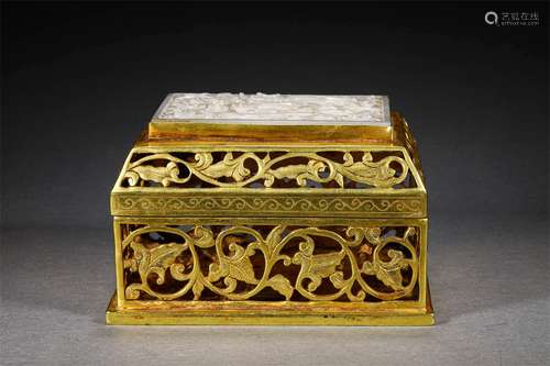 A LIAO DYNASTY BRONZE GILT INLAY JADE COVER BOX