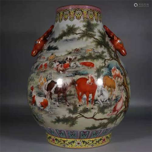 A QING DYNASTY FAMILLIE ROSE YELLOW HUNDRED-HORSE FIGURE WIT...