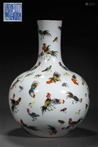 A QING DYNASTY QIANLONG FAMILLE ROSE A HUNDRED CHICKENS GLOB...