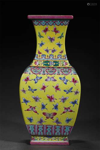 A QING DYNASTY FAMILLE ROSE YELLOW GROUND HANDREDS BUTTERFLI...