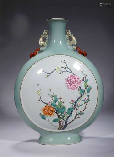 A QING DYNASTY SKY BLUE GLAZE FLOWER MOON FLASKS