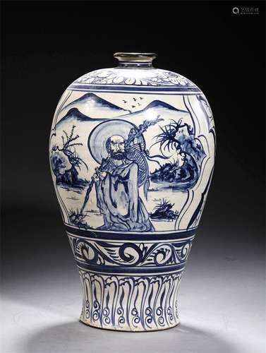 A SONG DYNASTY CIZHOU KILN BLUE AND WHITE FIGURE PLUM BOTTLE