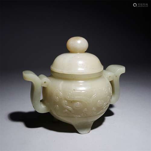 A QING DYNASTY HETIAN JADE BEAST FACE DOUBLE EAR BURNER