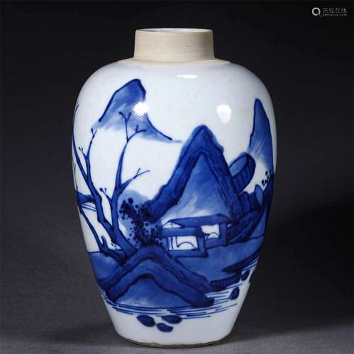 A QING DYNASTY BLUE AND WHITE LANDSCAPE JAR