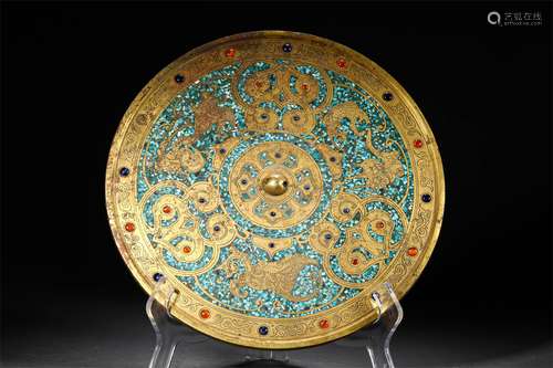 A QING DYNASTY BRONZE GILT INLAY GEM BRONZE MIRROR