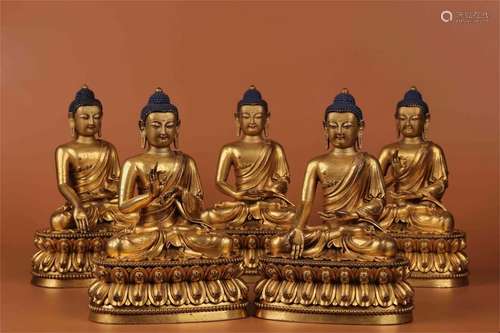 A SET OF MING DYNASTY GILT BRONZE FIVE BUDDHA STATUES