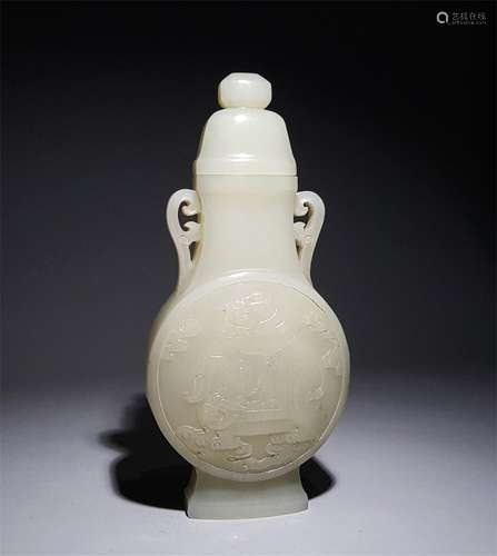 A QING DYNASTY HETIAN JADE CHILDREN PLAY ELEPHANT BOTTLE