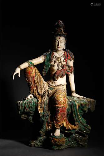 A MING DYNASTY WOODCARVING COLORED DRAWING KWAN-YIN STATUE