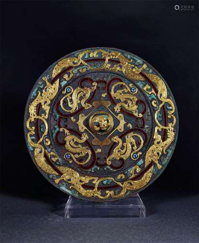 A WARRING STATES INLAYING GOLD DRAGON DESIGN BRONZE MIRROR