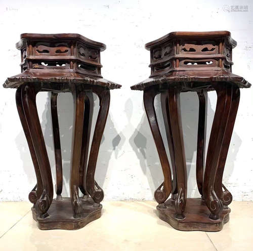 PAIR OF RED WOOD CARVED DESKS