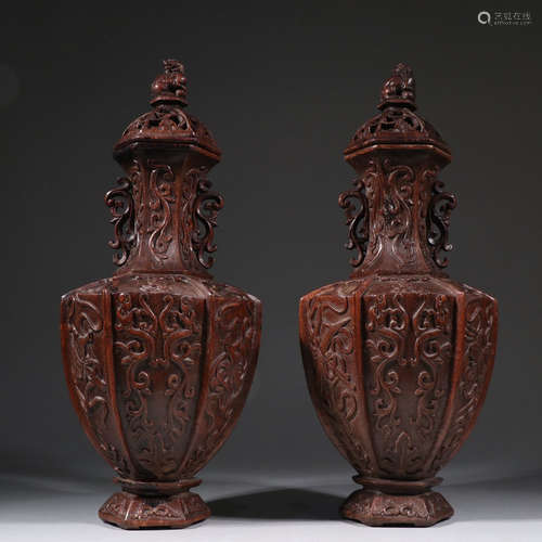 PAIR OF CHENXIANG WOOD CARVED VASES