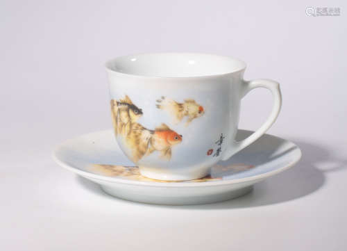SET OF PORCELAIN CUP&SAUCER WITH FISH PATTERN