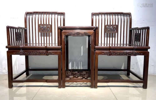 SET OF RED WOOD CARVED DESK&CHAIRS
