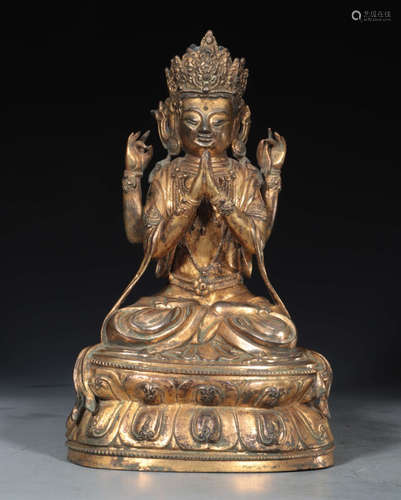 GILT BRONZE CAST GUANYIN BUDDHA STATUE