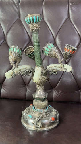 SILVER WITH JASPER&GEM DECORATED CANDLE HOLDER