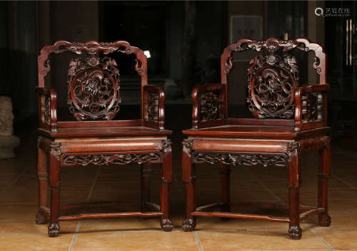 PAIR OF SUANZHI WOOD CARVED CHAIRS