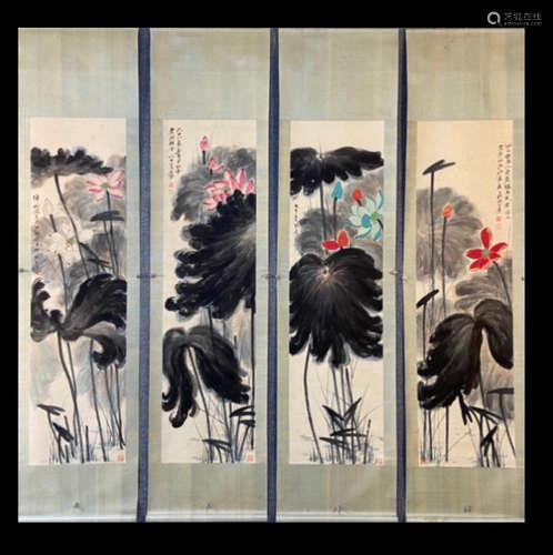 SET OF ZHANG DAQIAN LOTUS PATTERN PAINTING