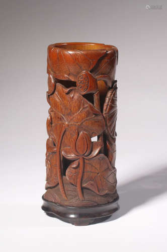 BAMBOO CARVED BRUSH POT WITH ZITAN WOOD BASE
