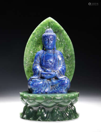 QIANLONG MARK HETIAN JASPER&LAZULI BUDDHA STATUE