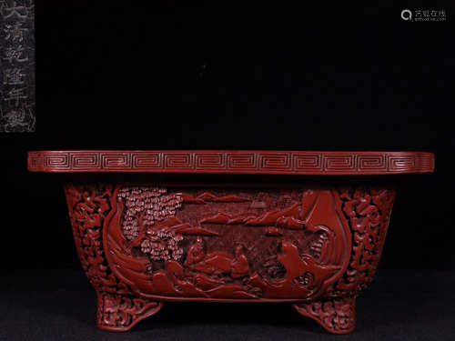 RED LACQUER LANDSCAPE PATTERN FLOWER POT