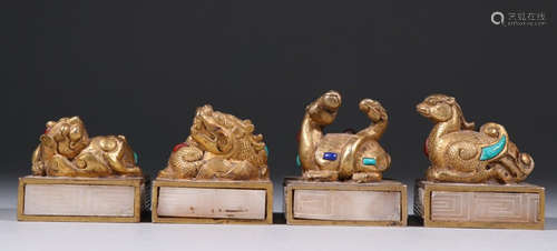 SET OF GILT BRONZE WITH JADE&TURQUOISE SEALS