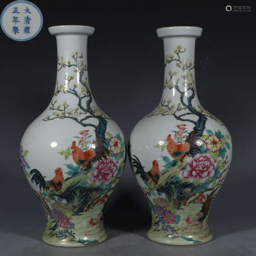 PAIR OF YONGZHENG MARK FAMILLE ROSE GLAZE VASES