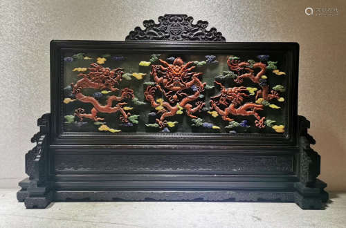RED LACQUER WITH JASPER DRAGON PATTERN SCREEN