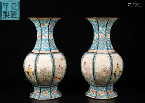 PAIR OF QIANLONG MARK CLOISONNE CAST VASES