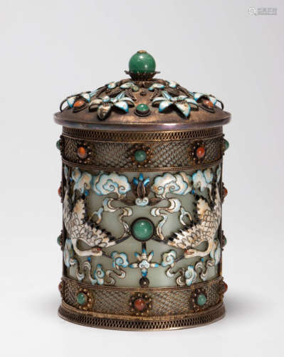 COPPER WITH JADE&GEM DECORATED CONTAINER