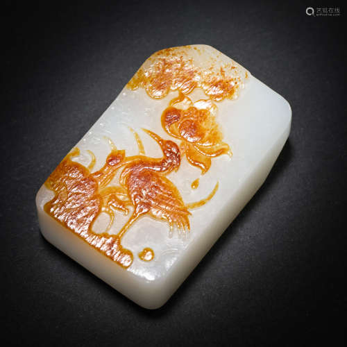 QING DYNASTY, HETIAN JADE PLATE WITH RED SKIN CAVING CRANES