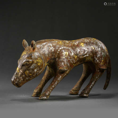 HAN DYNASTY, CHINESE BRONZE HORSE INLAID WITH GOLD AND SILVE...