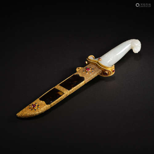 GOLD SCABBARD AND SILVER SWORD WITH JADE HANDLE, QING DYNAST...