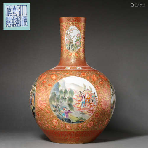 FAMILLE ROSE CELESTIAL VASE, QIANLONG PERIOD IN QING DYNASTY...