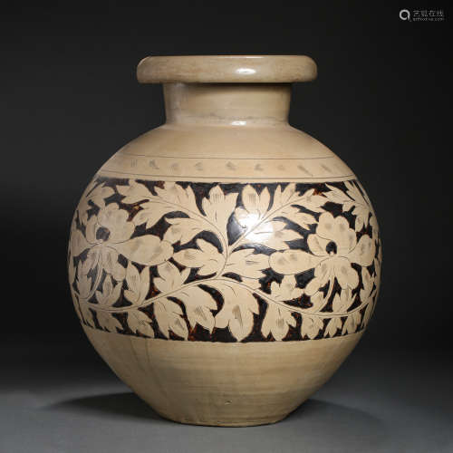 LARGE JAR WITH CARVED FLOWER PATTERNS, GANGWA WARE, LIAO DYN...