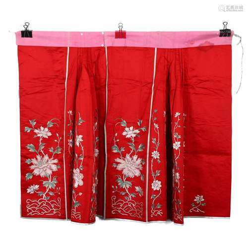 A RED-GROUND EMBROIDERED FLORAL SKIRT