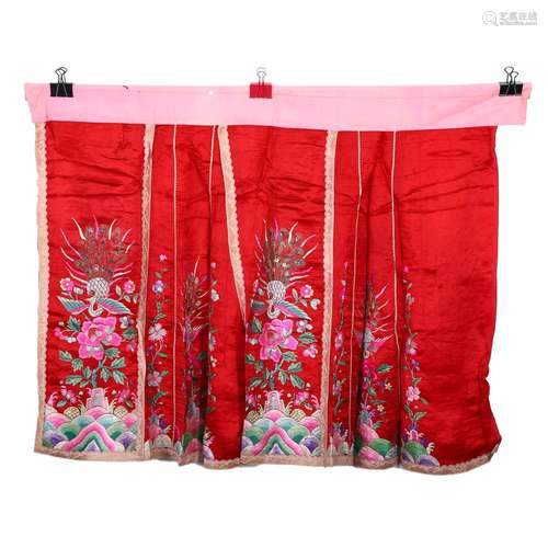 A RED-GROUND EMBROIDERED FLORAL SKIRT