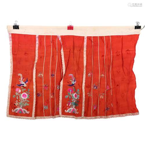 A RED-GROUND 'FLOWERS AND BIRDS' EMBROIDERED SKIRT