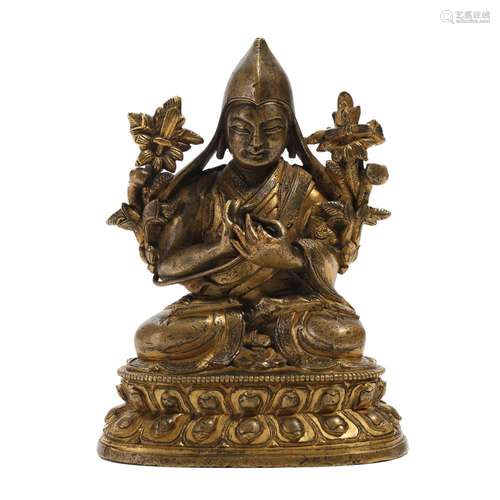 A GILT-BRONZE FIGURE OF SEATED TSONG KHAPA