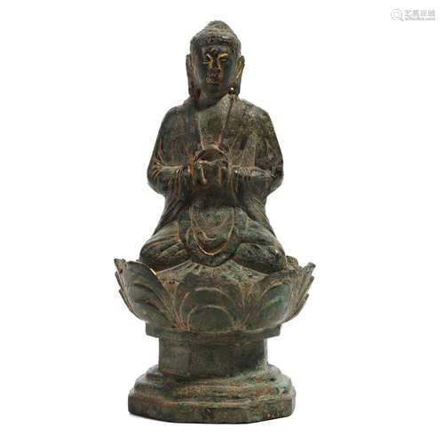 A BRONZE FIGURE OF SEATED SHAKYAMUNI