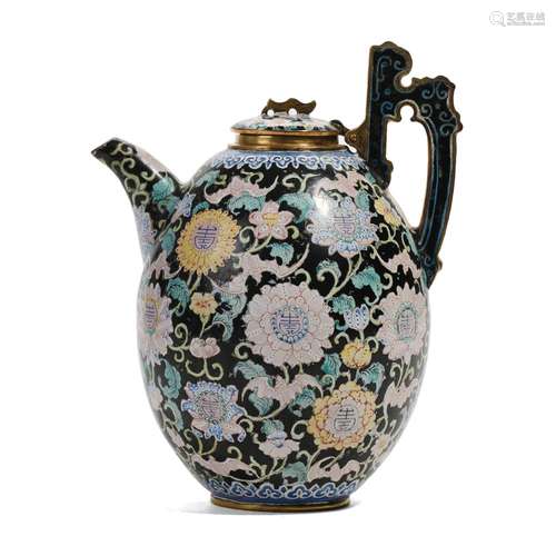 AN ENAMELLED BRONZE FLORAL EWER AND COVER