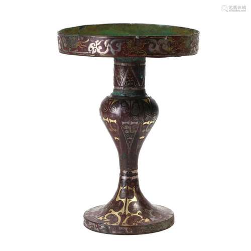 A GOLD AND SILVER-INLAID BRONZE OIL LAMP