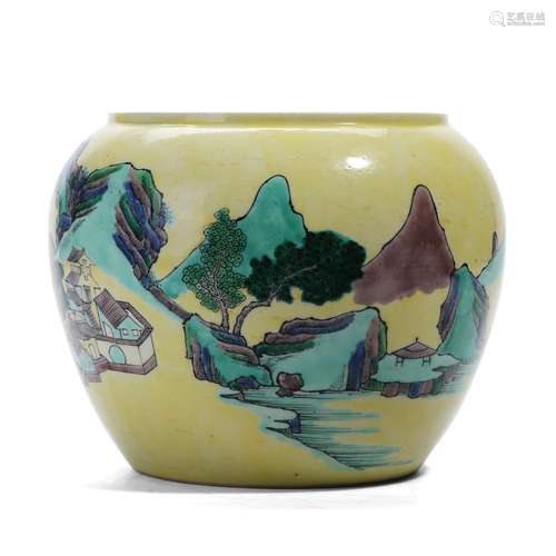 A WUCAI 'LANDSCAPE' WATERPOT