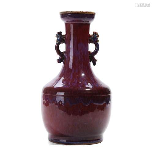 A FLAMBE-GLAZED VASE WITH HANDLES