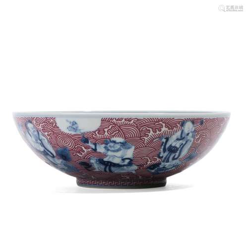 A BLUE AND WHITE AND COPPER-RED 'EIGHT IMMORTALS' BOWL