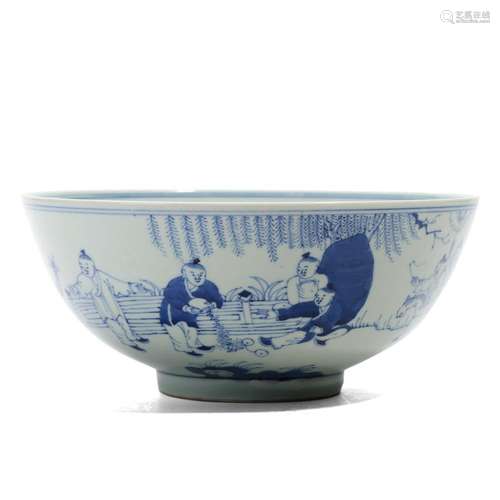 A BLUE AND WHITE 'FIGURES' BOWL