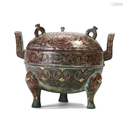 A GOLD AND SILVER-INLAID BRONZE TRIPOD CENSER AND COVER