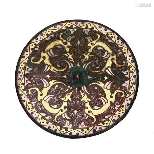 A GOLD AND SILVER-INLAID BRONZE 'DRAGON' DISH