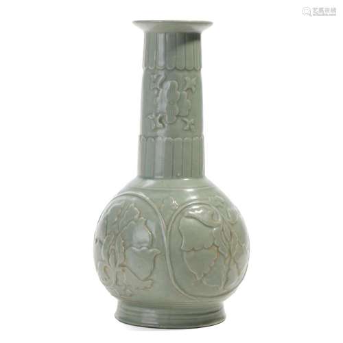 A LONGQUAN CELADON CARVED FLORAL VASE