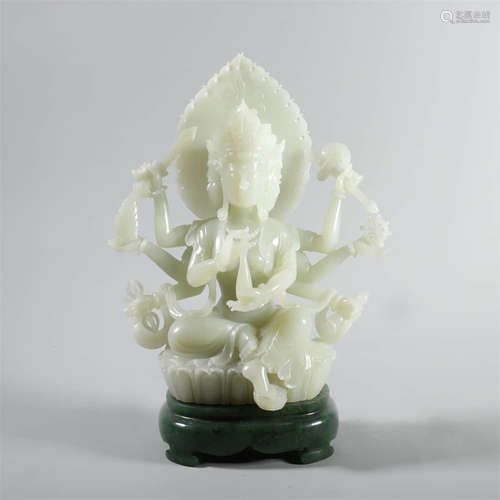 A Hetian Jade Carving Of Eight-Arm Avalokitesvara With Spina...