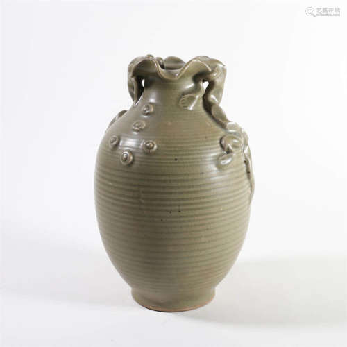 A Celadon-Glazed And Applique Chilong Lobed Vase